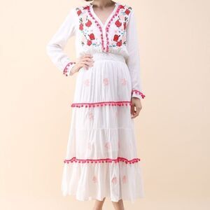 Anthropologie Chantik White Boho Chic Embroidered  Pom Pom Maxi Dress S